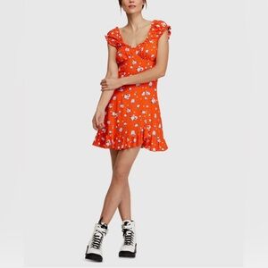 Free People Orange Floral Ruffle Mini Dress size XS